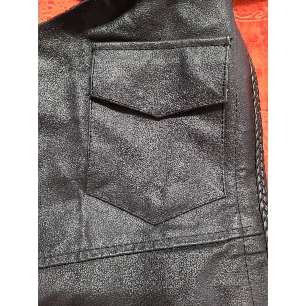 Jafrum Leather Motorcycle Chaps Black Braided Trim Adjustable Buckle Biker Wear - Picture 10 of 13